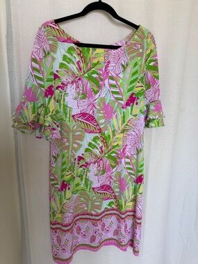 Pappagallo Pink Green Tropical Print Midi Dress
